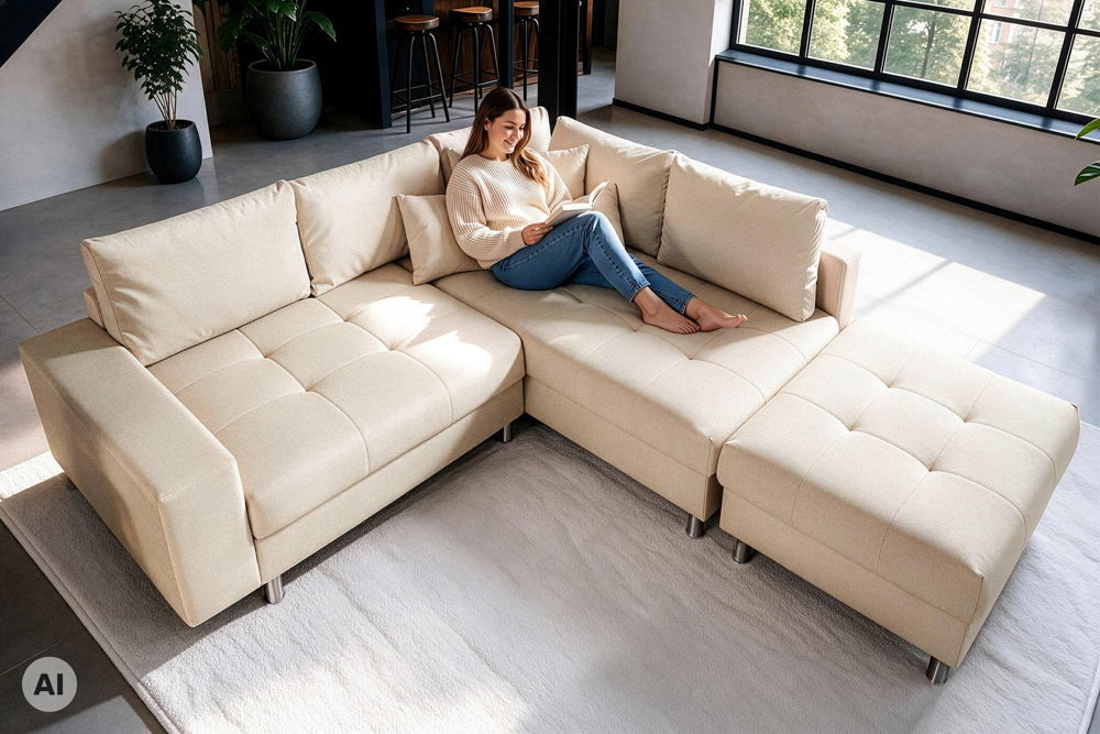 Moderne Wohnlandschaft KENT 220cm champagner beige Vogue Velours Samt Federkern mit Hocker