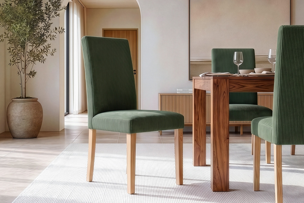 Design Stuhl GENUA grün Cord mit Massivholz-Beinen