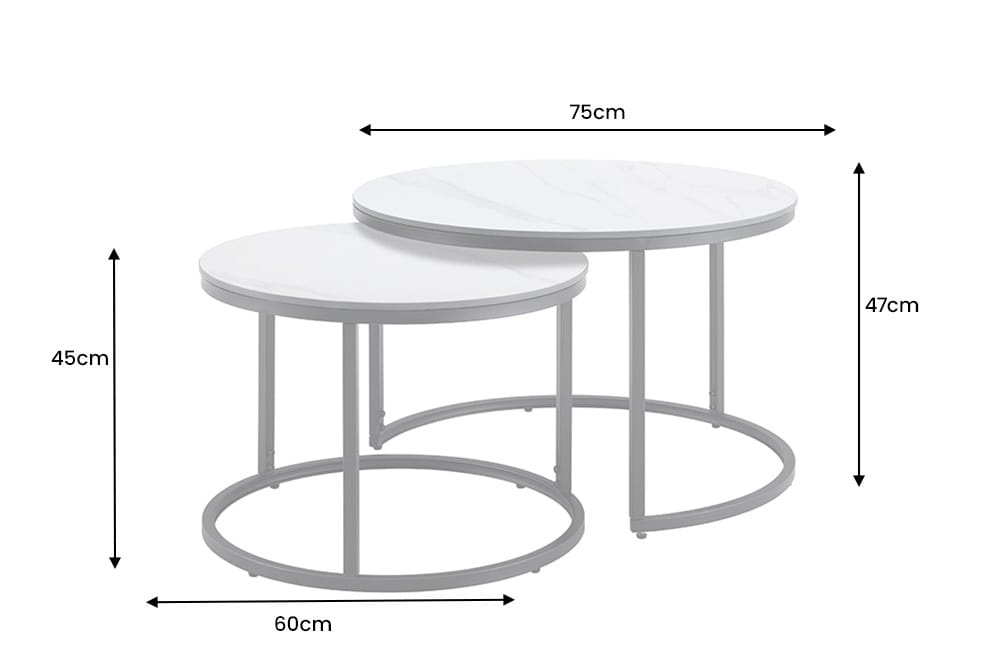 Rundes 2er Set Couchtische ELEGANCE 75cm weiß Keramik schwarz Metall