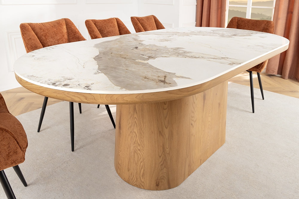Ovaler Esstisch UNIQUE 200cm weiß natur Keramik Eiche Säulenfuß