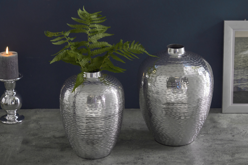 Elegantes Vasen 2er Set ORIENTAL 32cm silber im Rice Hammerschlag Design