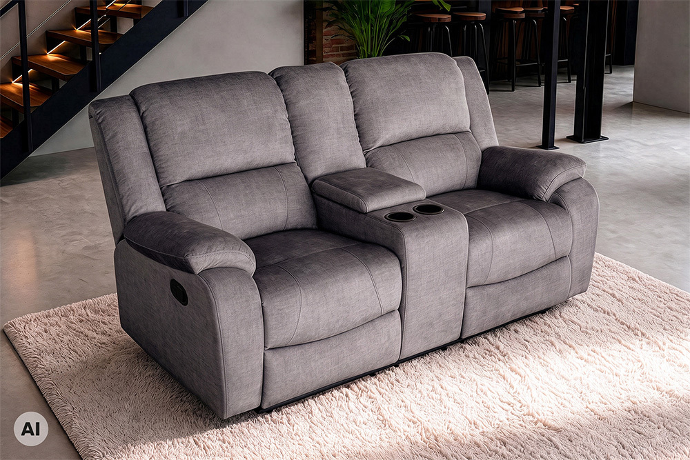 Exklusiver 2er Kinosessel HOLLYWOOD grau hochwertiger Vogue Veloursstoff mit Cupholder
