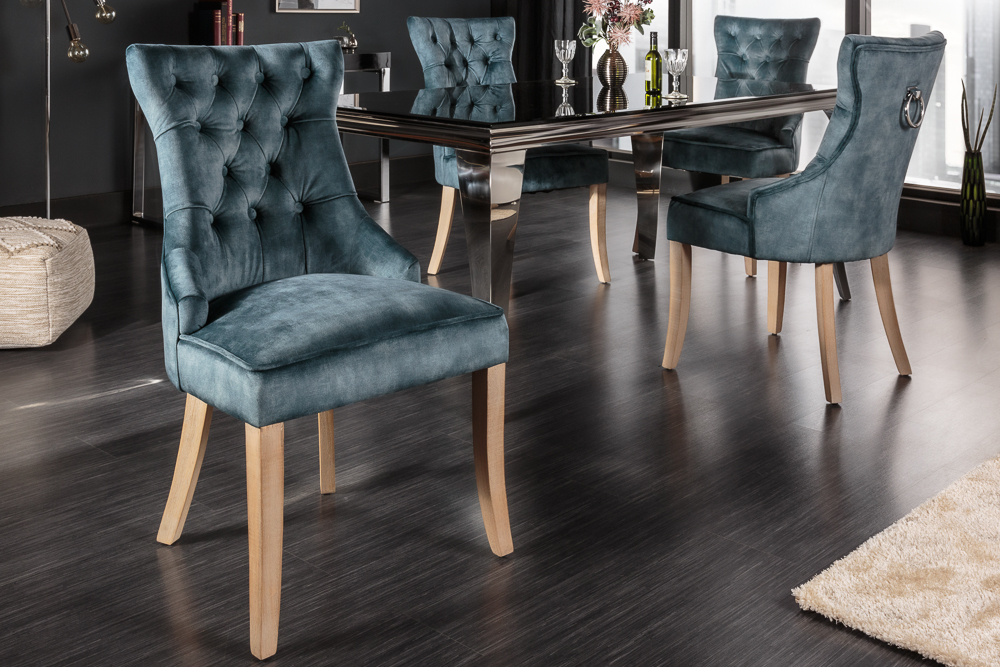 Eleganter Stuhl CASTLE petrol Samt Landhausstil mit Komfortgriff