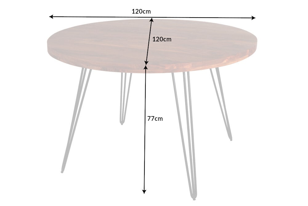 Runder Esstisch SCORPION 120cm Akazie natur Massivholz Hairpin Legs Retro Design