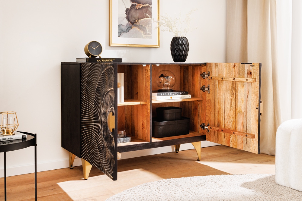 Massives Sideboard GOLDEN SUNSET 100cm schwarz Mangoholz 3D Schnitzerei gold Metall