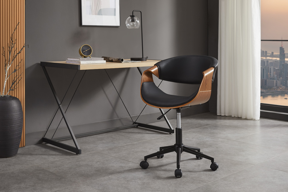 Höhenverstellbarer Bürostuhl ORGANIC schwarz Kunstleder Walnussholz braun drehbar