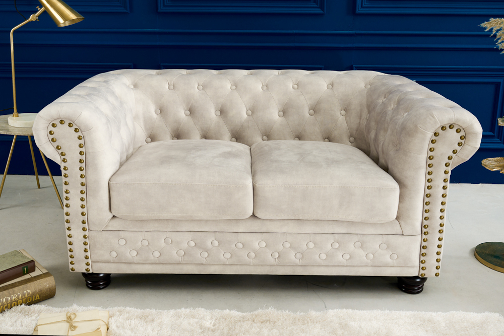 Chesterfield 2-Sitzer Sofa 150cm champagner beige Samt Federkern Knopfheftung