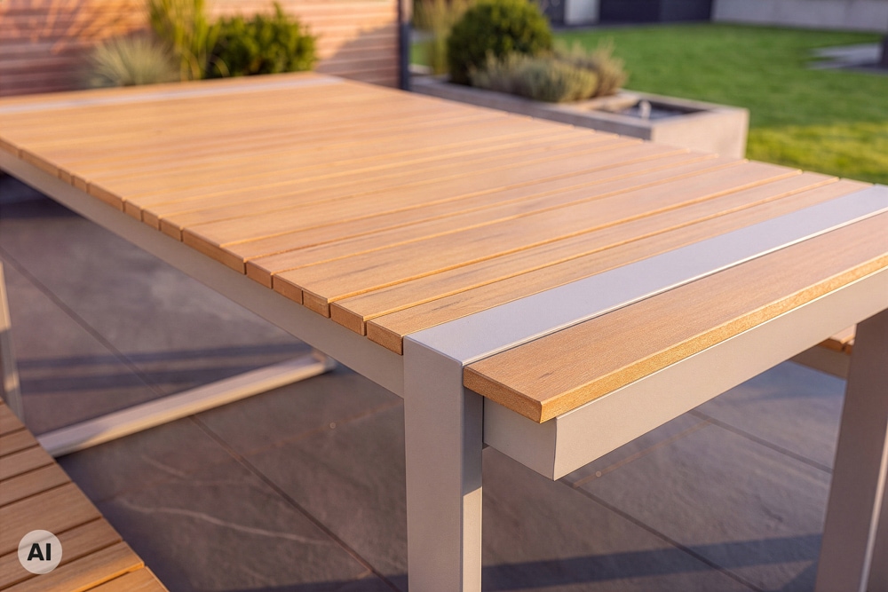 Wetterfester Gartentisch TAMPA LOUNGE 125cm greige natur Aluminium Metall Holz-Design Outdoor