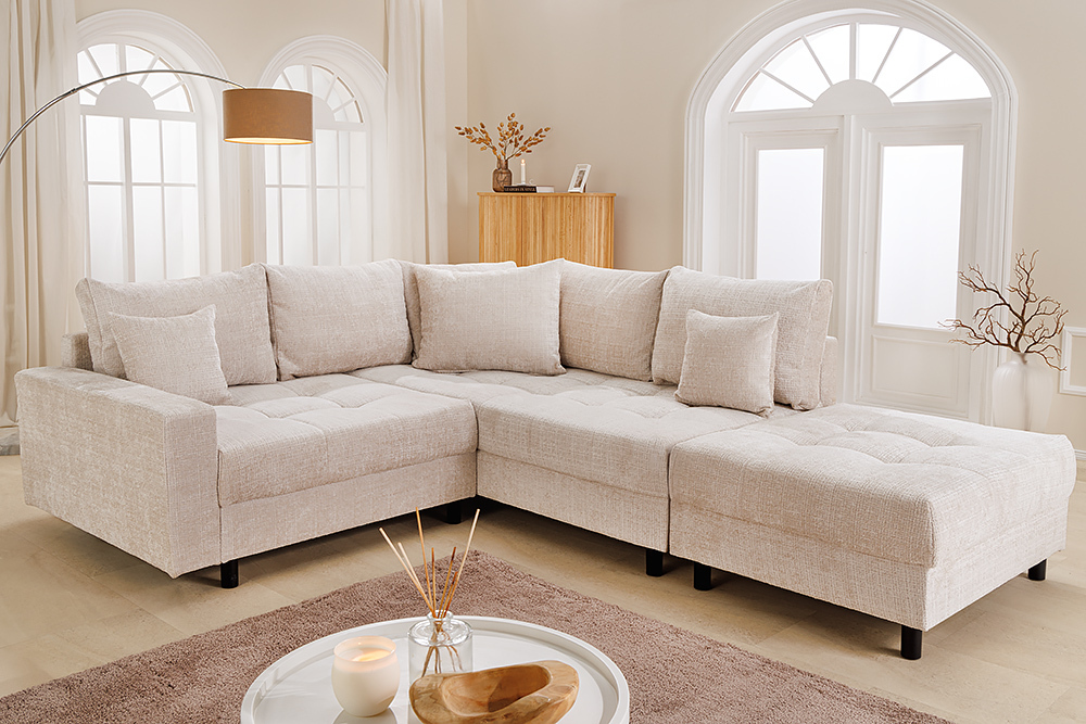 Modernes Ecksofa KENT 220cm champagner beige Chenille Cremona Federkern Wohnlandschaft mit Hocker