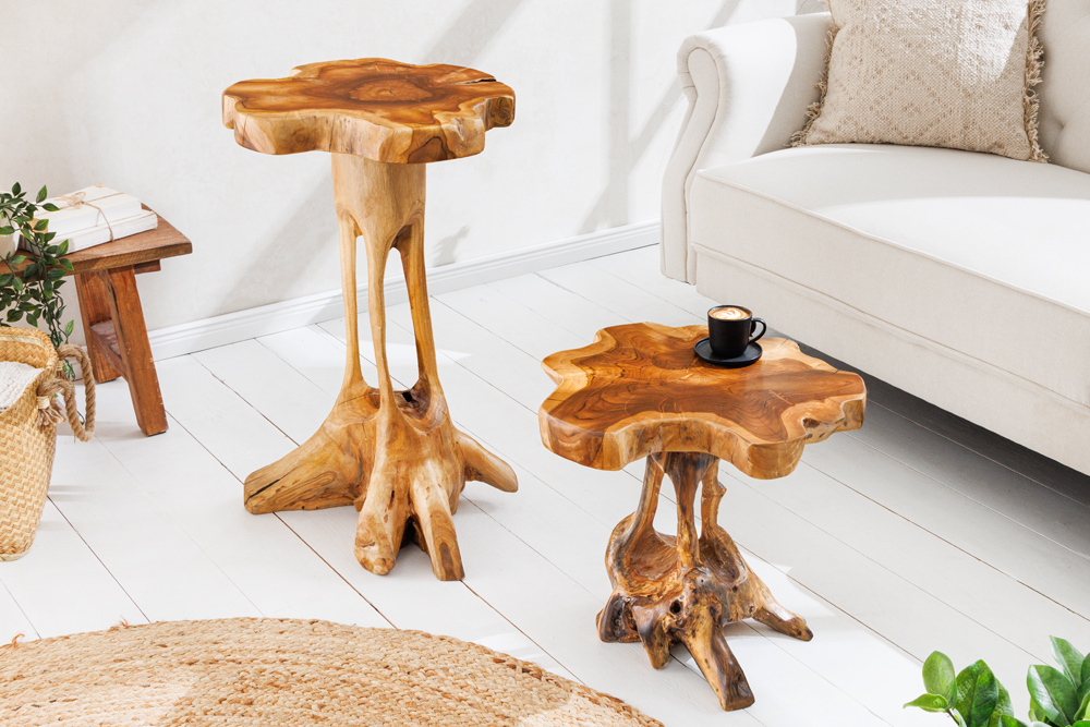 Massivholz Beistelltisch ROOT 70cm natur Teak aus Wurzelholz im Stelzen-Design
