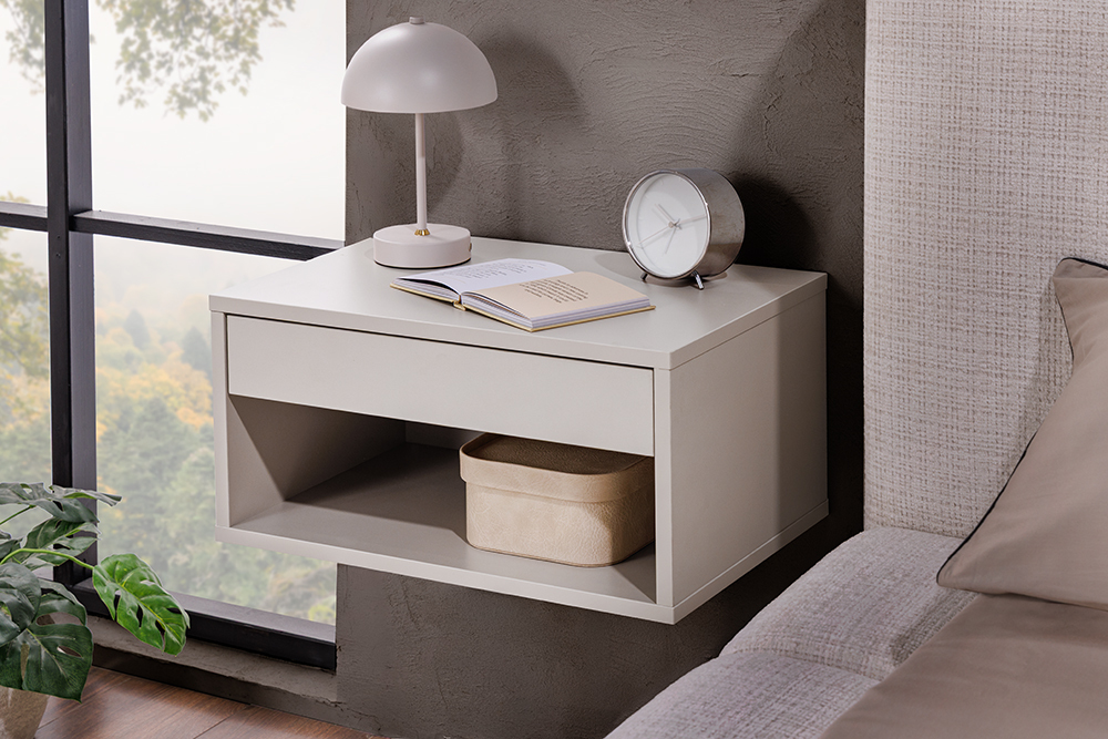 Design Nachttisch COMFORT 50cm weiß hängend mit Schublade und offenem Fach Design Nachttisch COMFORT 50cm weiß hängend mit Schublade und offenem Fach