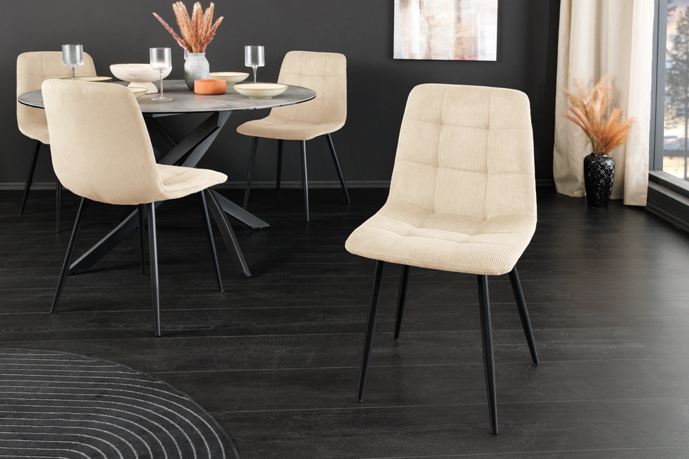 Moderner Design Stuhl TRES CHIC beige Cord schwarze Metallbeine Esszimmer