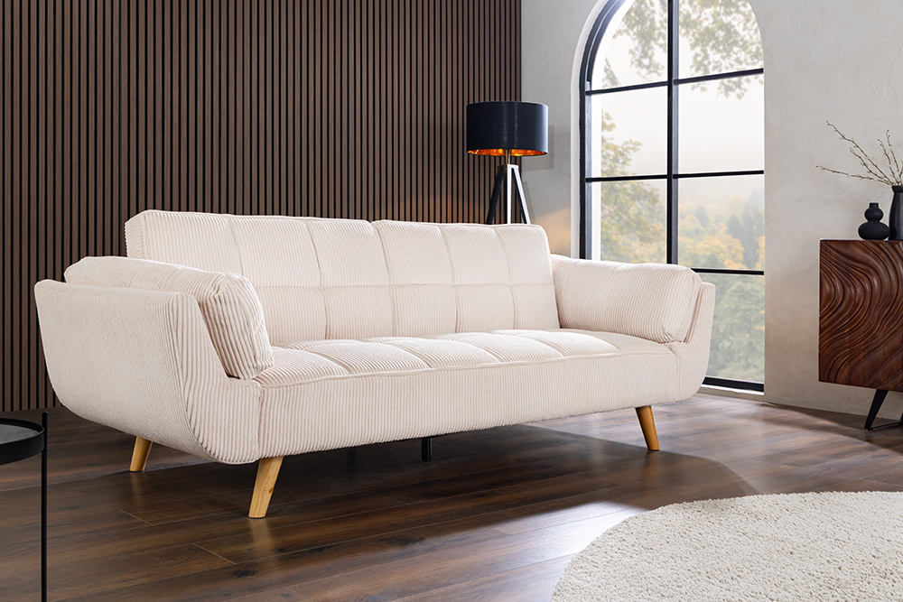 Schlafsofa BOUTIQUE 215cm beige Cord 3-Sitzer mit Holz-Füßen natur