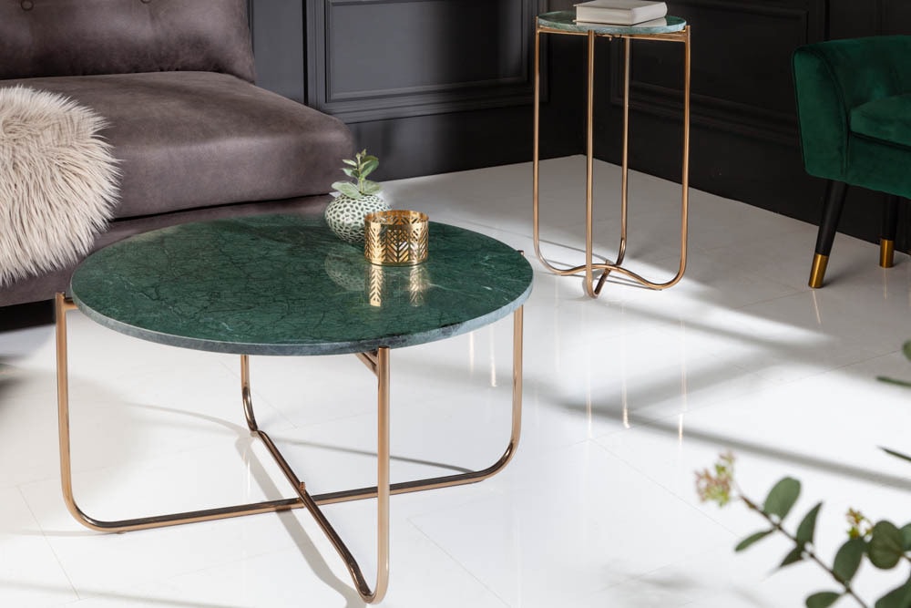 Runder Couchtisch NOBLE 65cm grün Marmor abnehmbare Tischplatte klappbar gold Metall