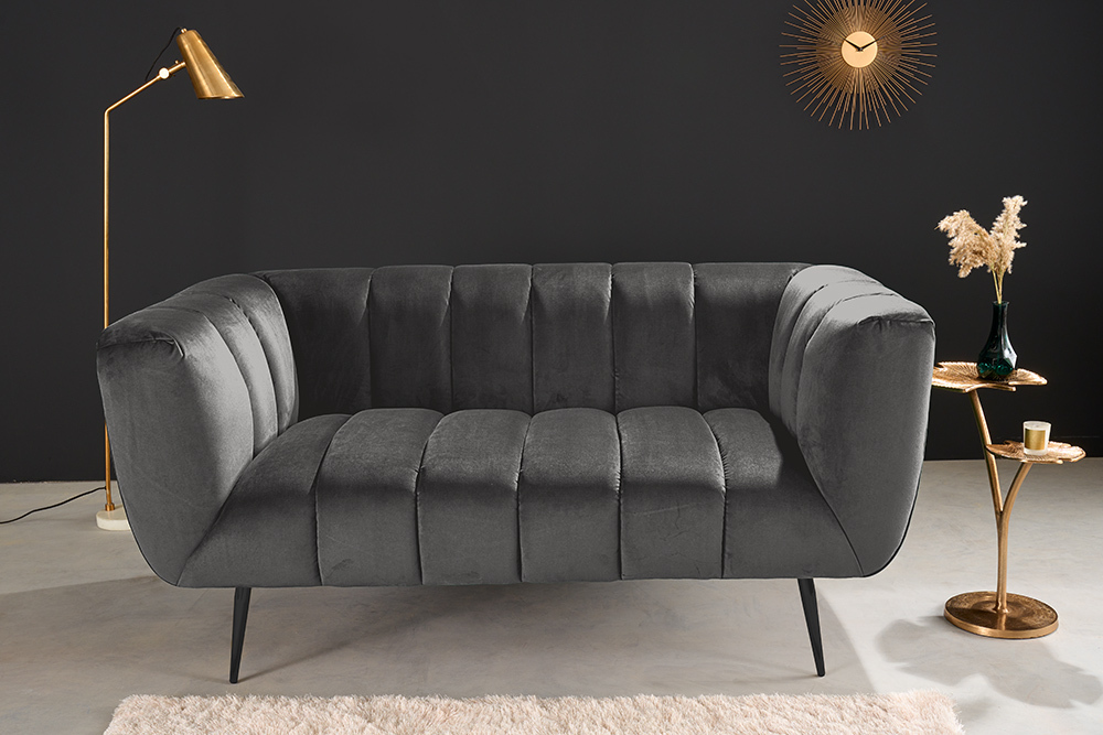 Design 2-Sitzer Sofa NOBLESSE 165cm grau Samt schwarze Metallfüße Federkern