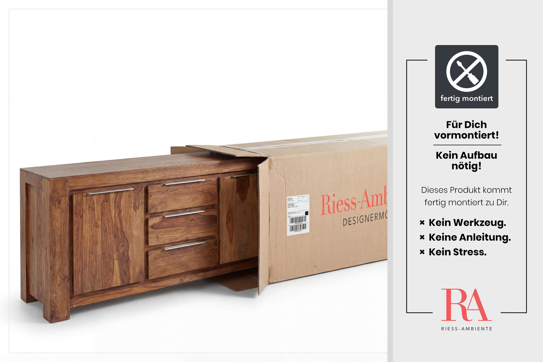 Massivholz Sideboard MAKASSAR 175cm braun Sheesham stone finish Kommode mit Schubladen