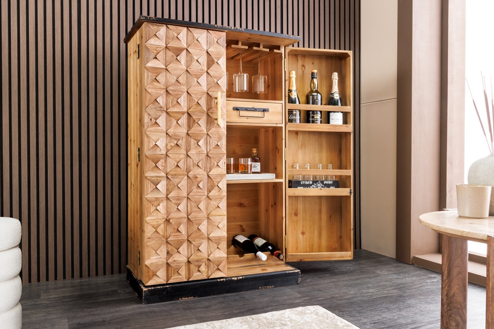Design Barschrank BODEGA 120cm natur Pinienholz mit 3D-Front und Flaschenregal