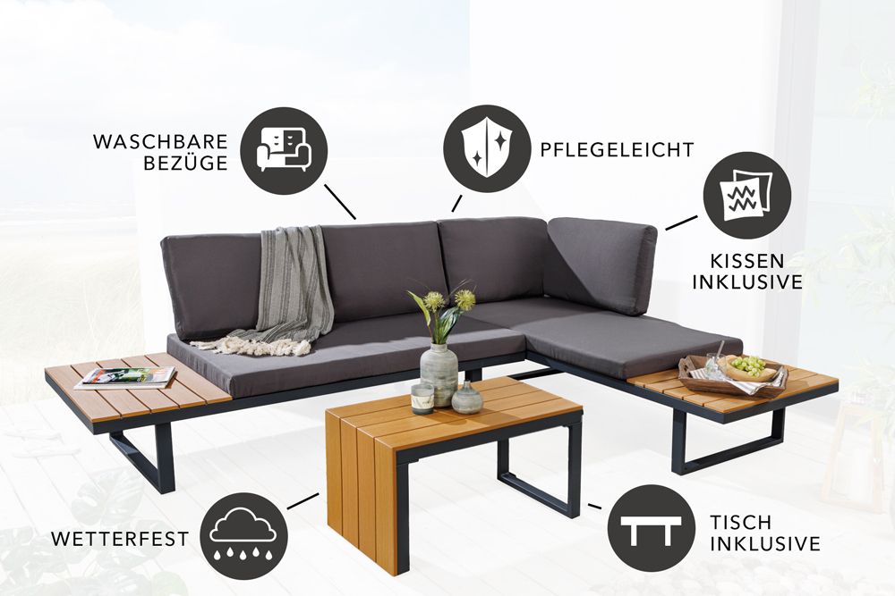 Wetterfestes Gartenmöbel Set IBIZA MODULAR LOUNGE 250cm anthrazit Aluminium inkl. Sitzpolster