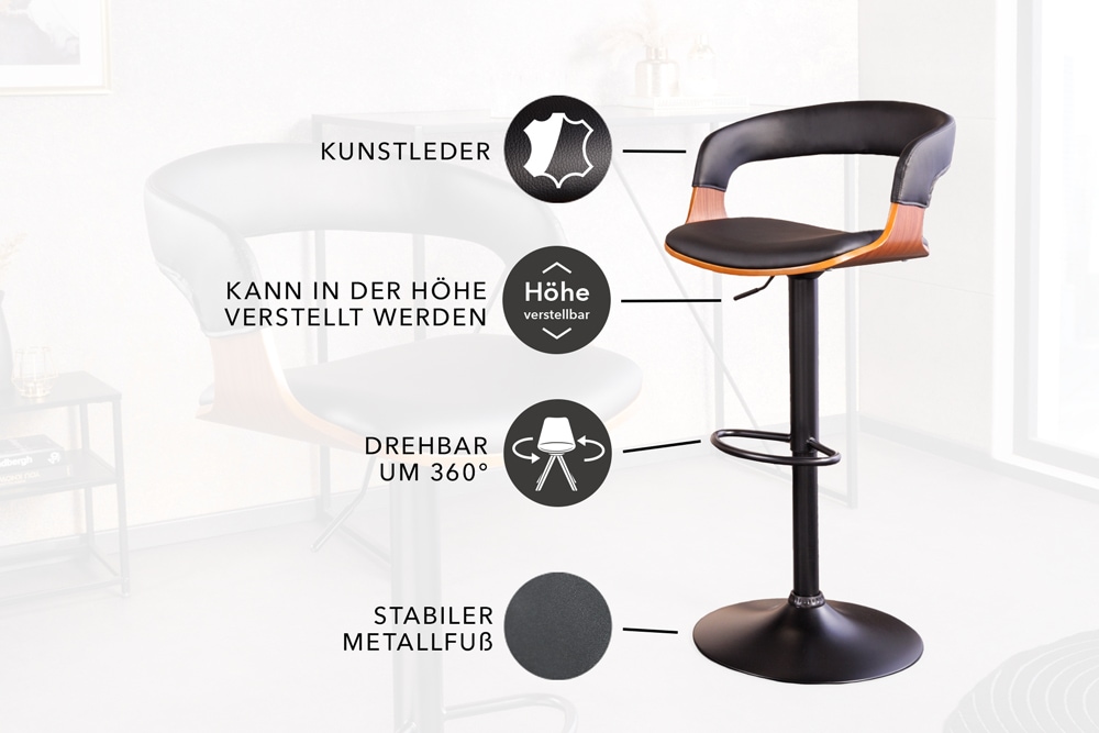 Retro Barhocker MANHATTAN schwarz Kunstleder Walnussholz drehbar höhenverstellbar