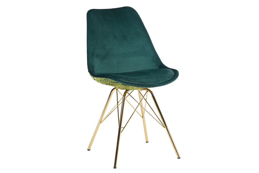 Design Stuhl SCANDINAVIA MEISTERSTÜCK grün Chenille gold Metall Monstera-Blatt