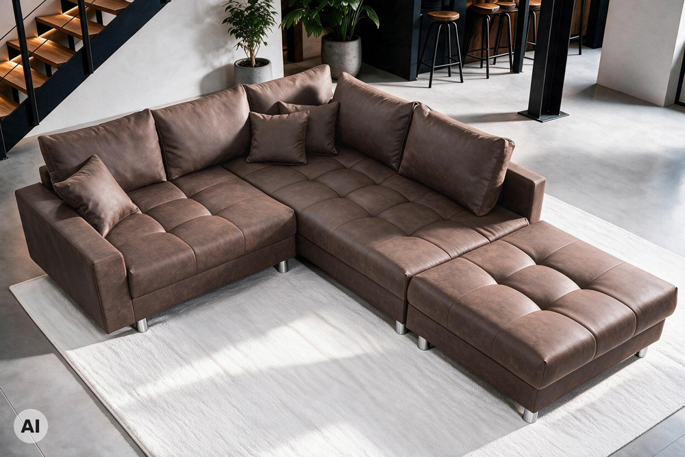 Modernes Ecksofa KENT 220cm braun Federkern Wohnlandschaft inkl. Hocker und Kissen