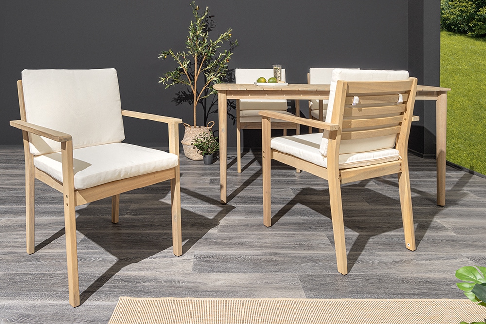 Massiver Gartenstuhl KOPENHAGEN natur Akazienholz beige Outdoor inkl. Kissen