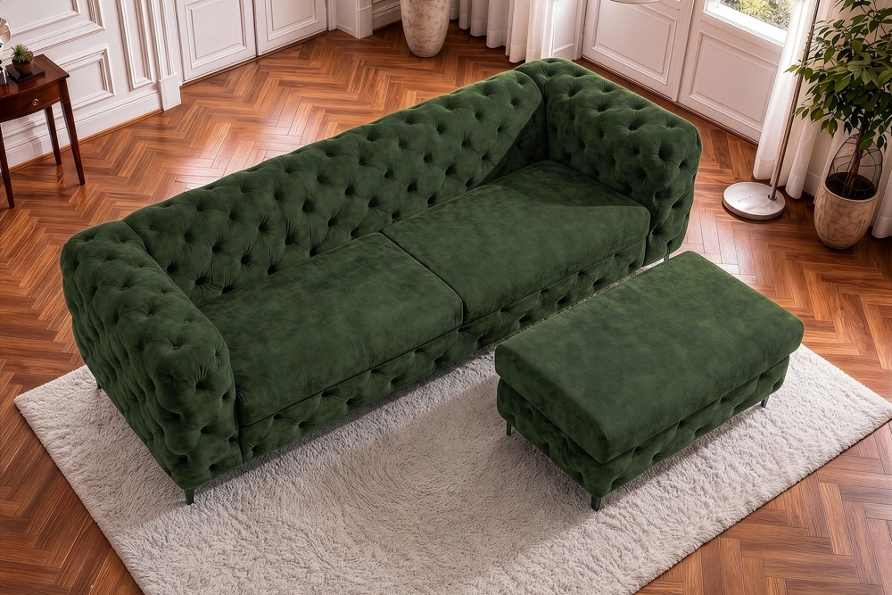 Chesterfield Sitzhocker MODERN BAROCK 95cm grün Samt Fußhocker