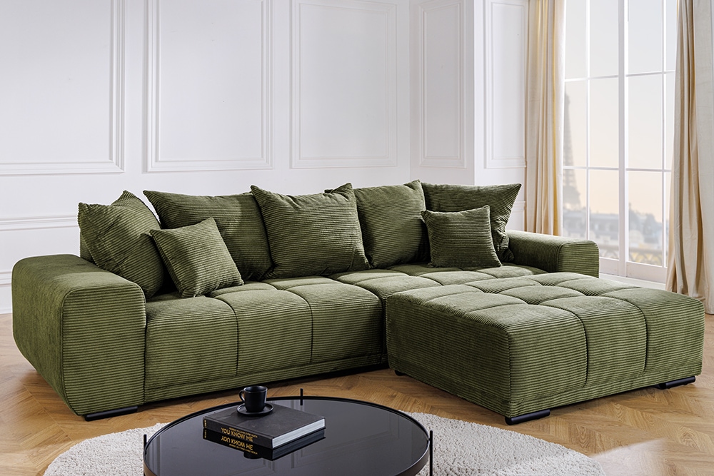 Modernes XXL Sofa ELEGANCIA 285cm grün Cord Federkern inklusive Kissen Bigsofa