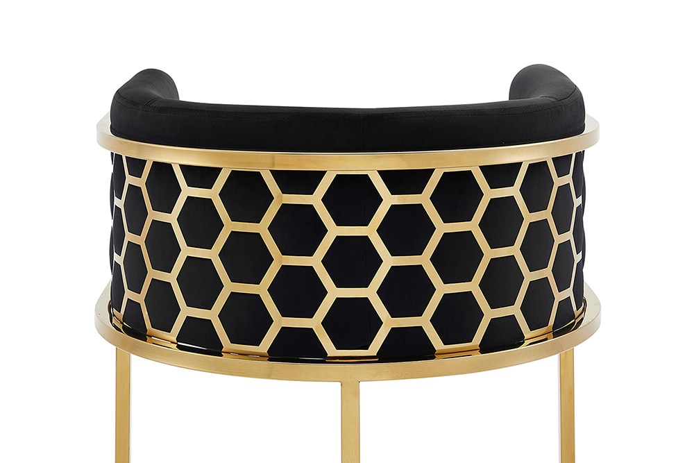 Stilvoller Barhocker ELEGANCE schwarz Samt gold Edelstahl mit Armlehne und Fußablage