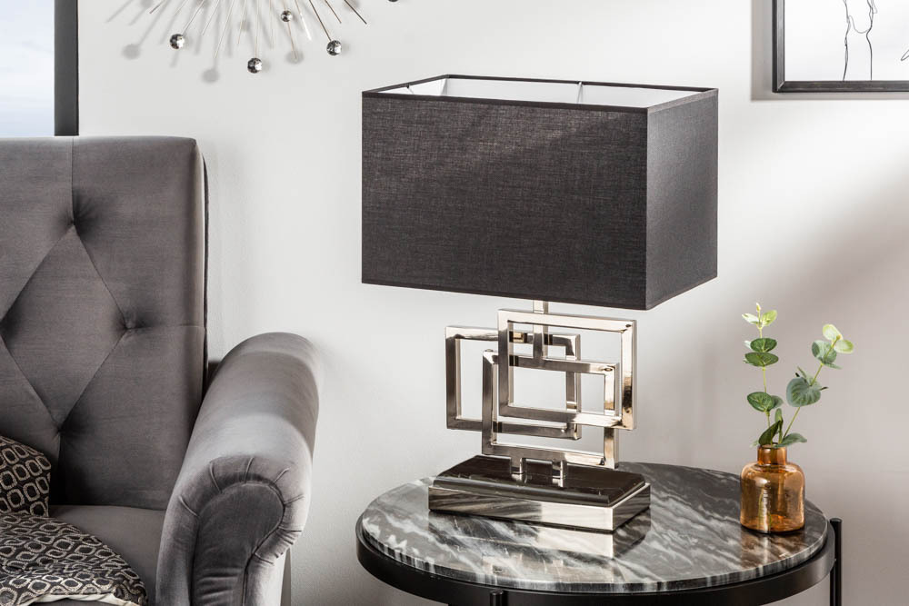 Moderne Tischleuchte ATLANTIS 56cm silber Stoffschirm schwarz Marmor Lampe Moderne Tischleuchte ATLANTIS 56cm silber Stoffschirm schwarz Marmor Lampe