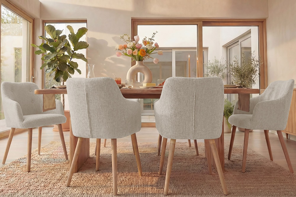 Nordischer Stuhl SCANDINAVIA MEISTERSTÜCK beige natur Strukturstoff Massivholzbeine