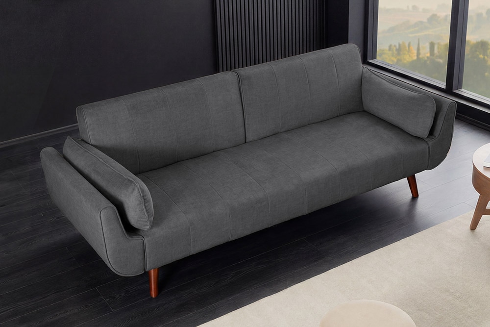 Design Schlafsofa DIVANI 220cm grau Samt 3-Sitzer mit Bettfunktion Walnuss-Füße