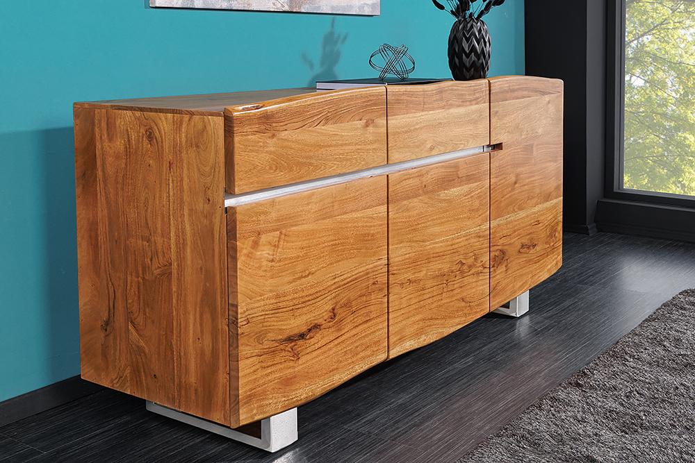 Massivholz Sideboard MAMMUT 135cm Akazie Kommode mit Schubladen Baumkante Edelstahl