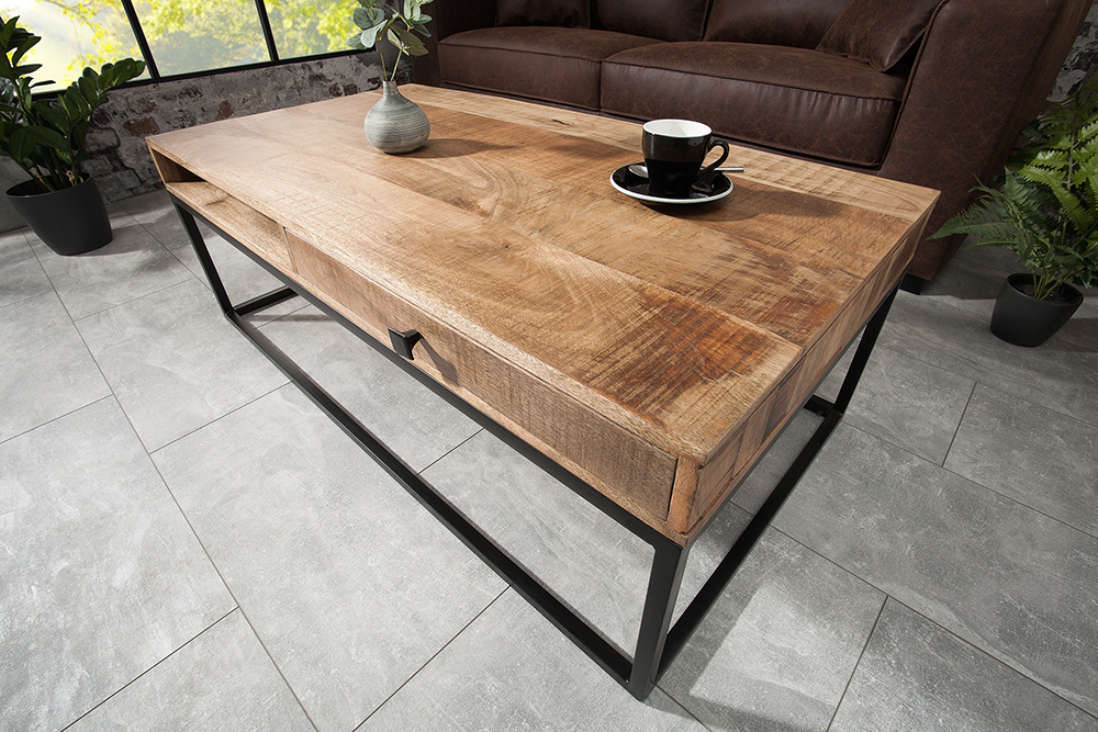 Massiver Couchtisch IRON CRAFT 100cm Mangoholz mit Schublade schwarzes Metallgestell