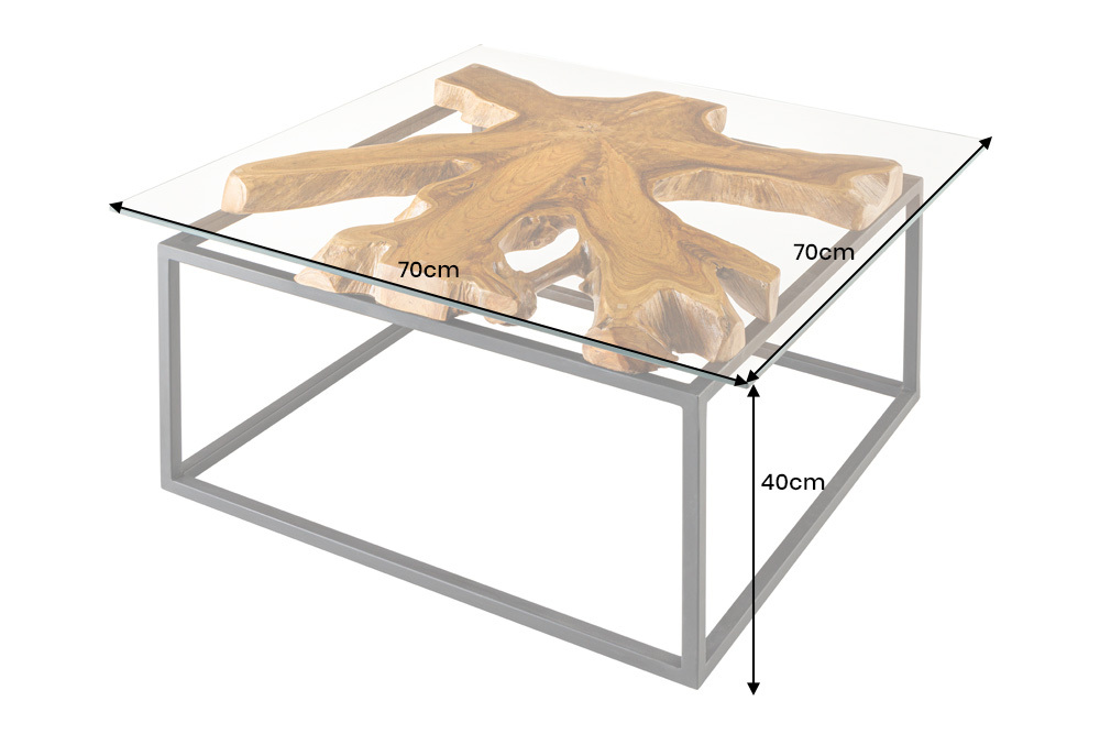 Industrial Couchtisch TEAK ROOT 70cm braun Teakholz Metall Glastisch handmade