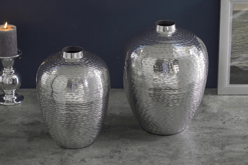 Elegantes Vasen 2er Set ORIENTAL 32cm silber im Rice Hammerschlag Design