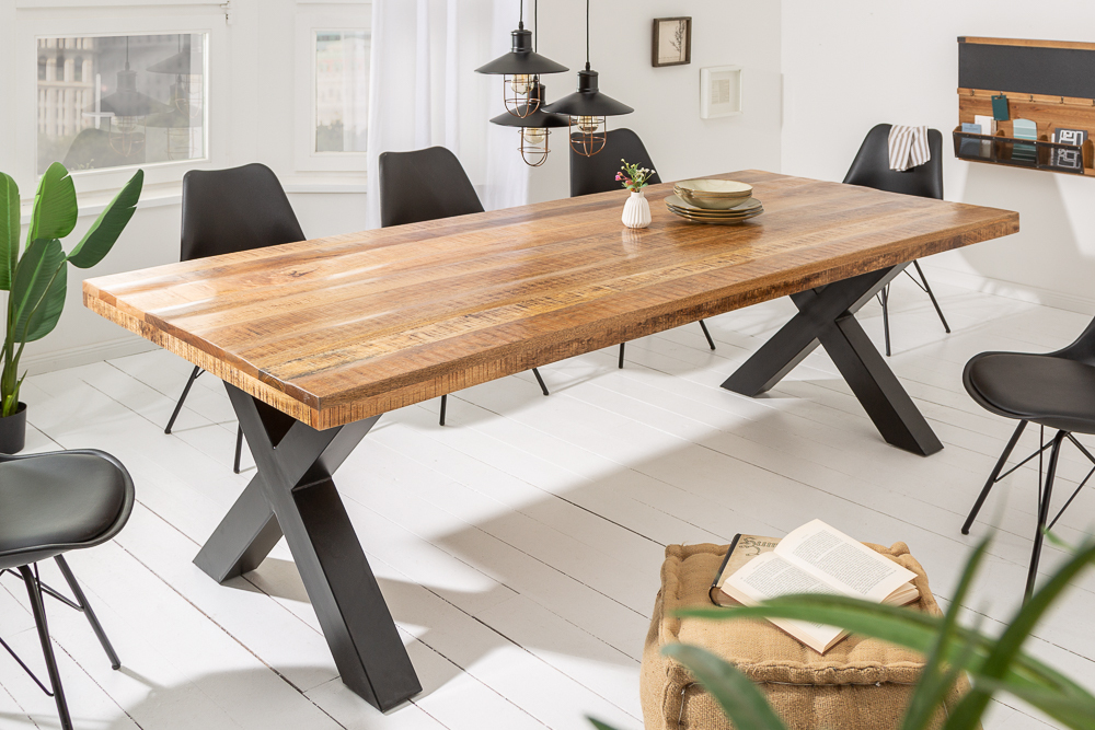 Massiver Esstisch IRON CRAFT 200cm natur Mangoholz Industrial Design X-Gestell schwarz Metall