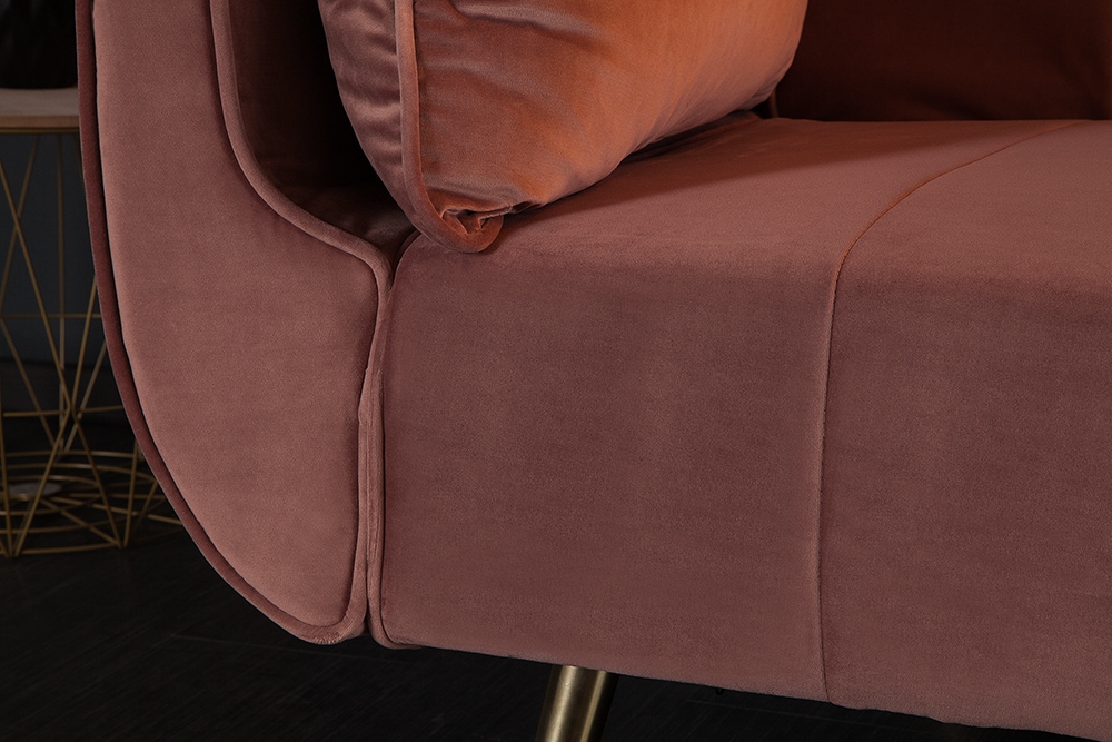 Retro Schlafsofa DIVANI 220cm altrosa Samt goldene Metallfüße 3-Sitzer mit Bettfunktion
