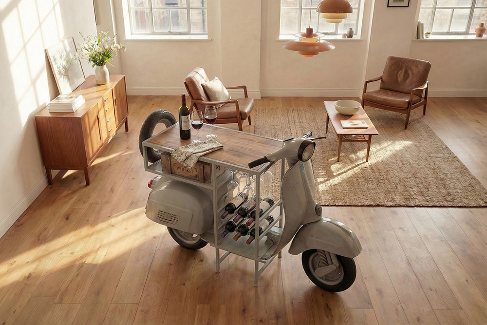 Extravaganter Bartisch SCOOTER 180cm salbei Retro-Konsole Motorroller Mangoholz Upcycling