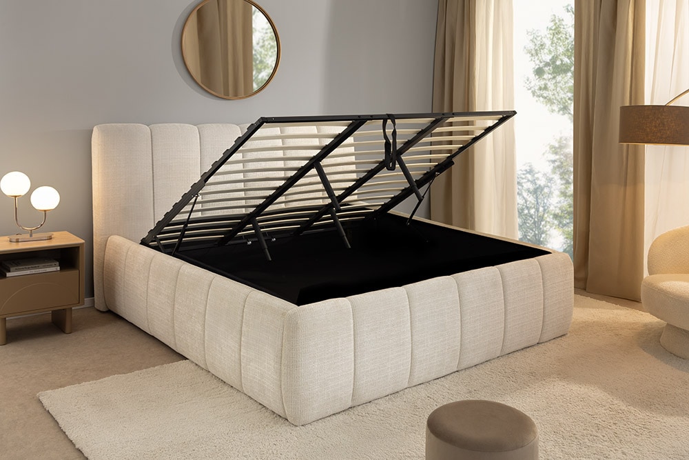 Design Boxbett ADLON 180x200cm beige Chenille Cremona mit Stauraum und Lattenrost