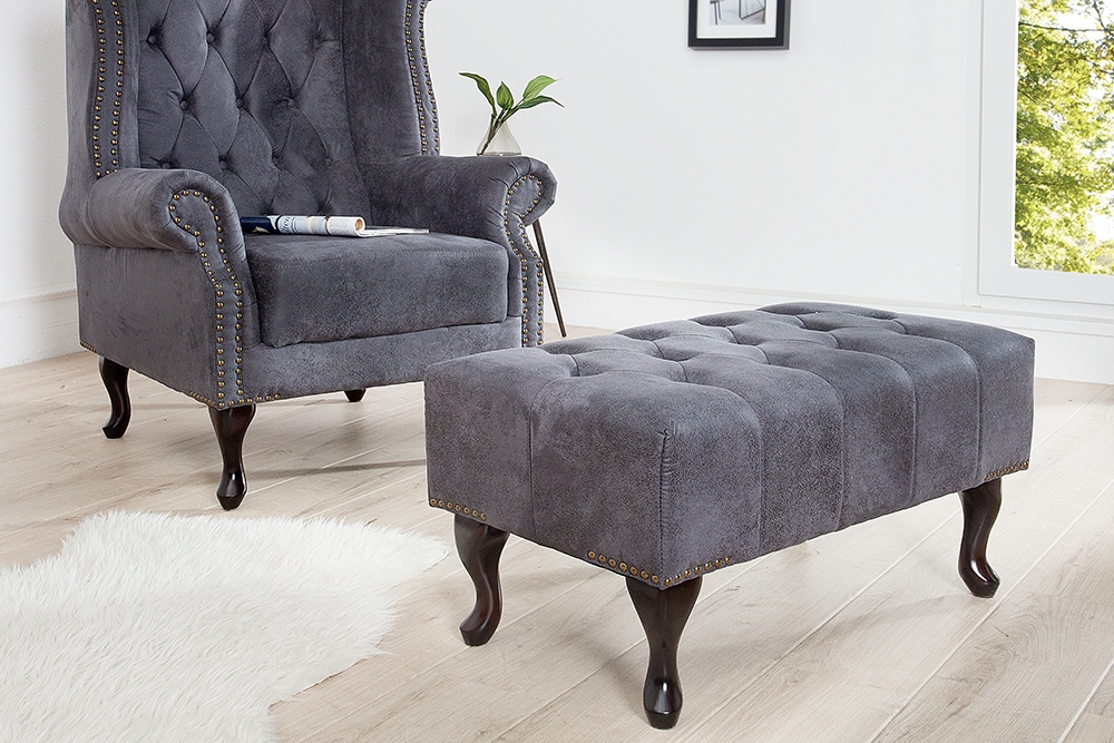 Edler Chesterfield Fußhocker antik grau Microfaser mit Knopfheftung und Nietenbesatz