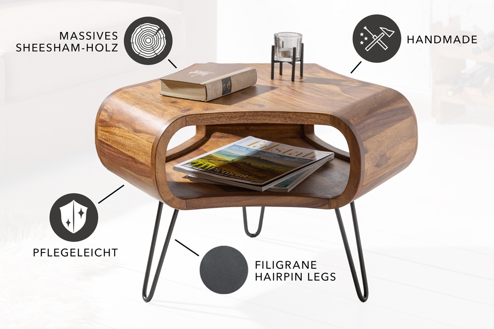 Retro Couchtisch ORGANIC LIVING 70cm braun Sheesham Massivholz stone finish Stauraum