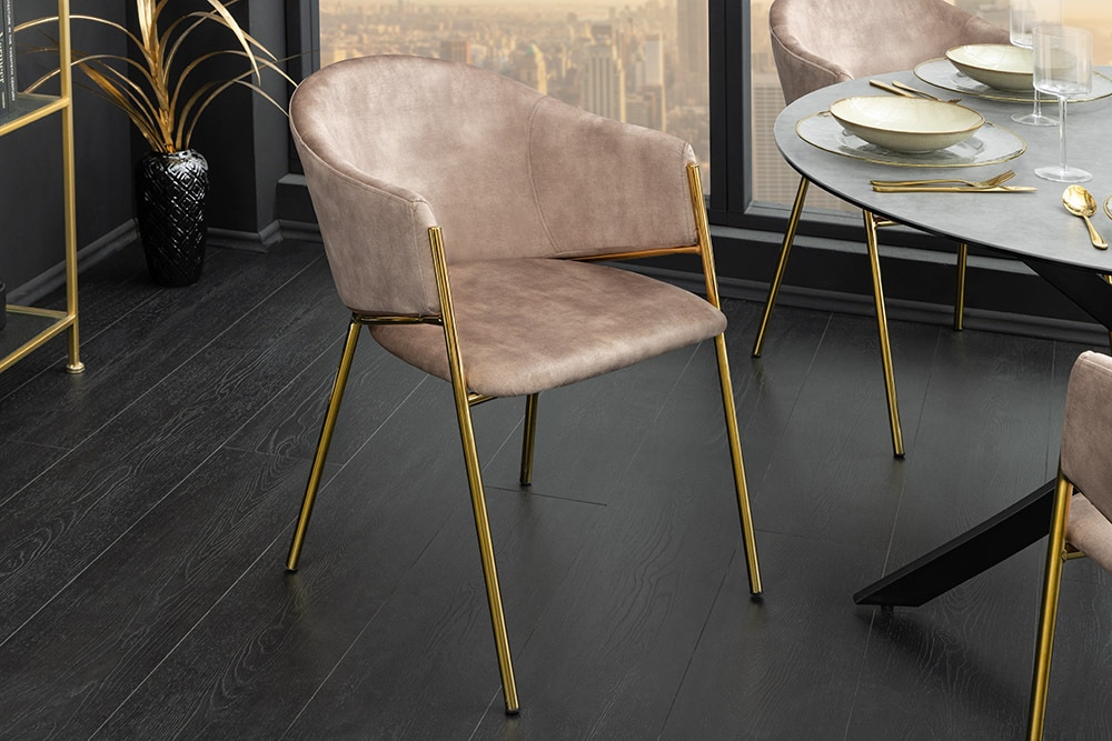 Design Stuhl NOBLESSE champagner beige Samt golden verchromtes Metallgestell