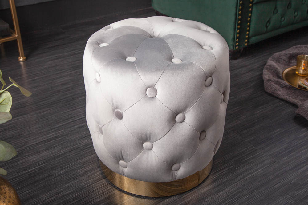 Design Hocker MODERN BAROCK 37cm edel-grau gold Samt Chesterfield