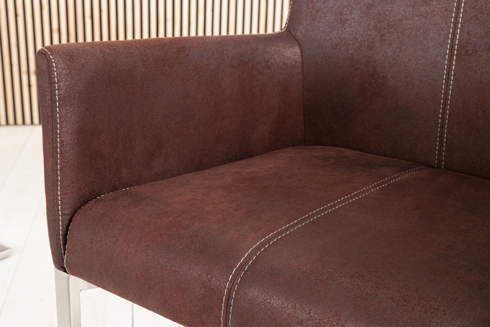 Freischwinger Stuhl SAMSON dark coffee mit Armlehne und Edelstahlrahmen