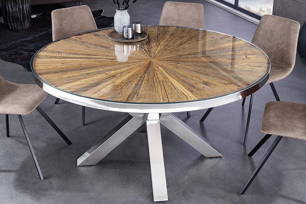Runder Esstisch BARRACUDA 120cm braun Teak Massivholz Glasplatte silber Edelstahl verchromt