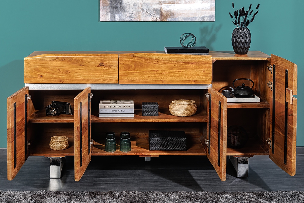 Massivholz Sideboard MAMMUT 170cm Akazie Baumkante mit Schubladen Kufengestell Edelstahl