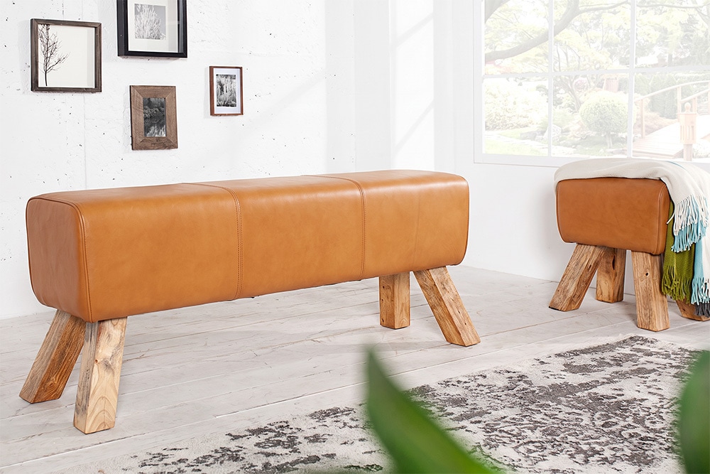 Design Sitzbank TURNBOCK 120cm cognac braun mit Echtleder-Bezug Sitzhocker