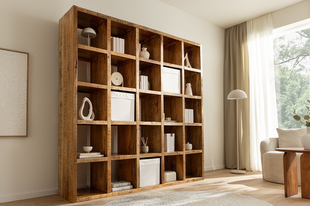 Massives Regal IRON CRAFT 200cm natur Mangoholz Bücherregal 25 Fächer