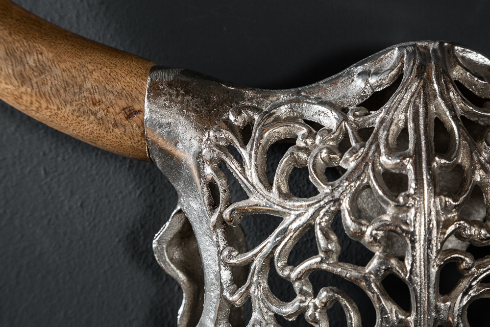 Extravagante Wanddekoration EXOTIC BULL 60cm silber Mangoholz Stierkopf